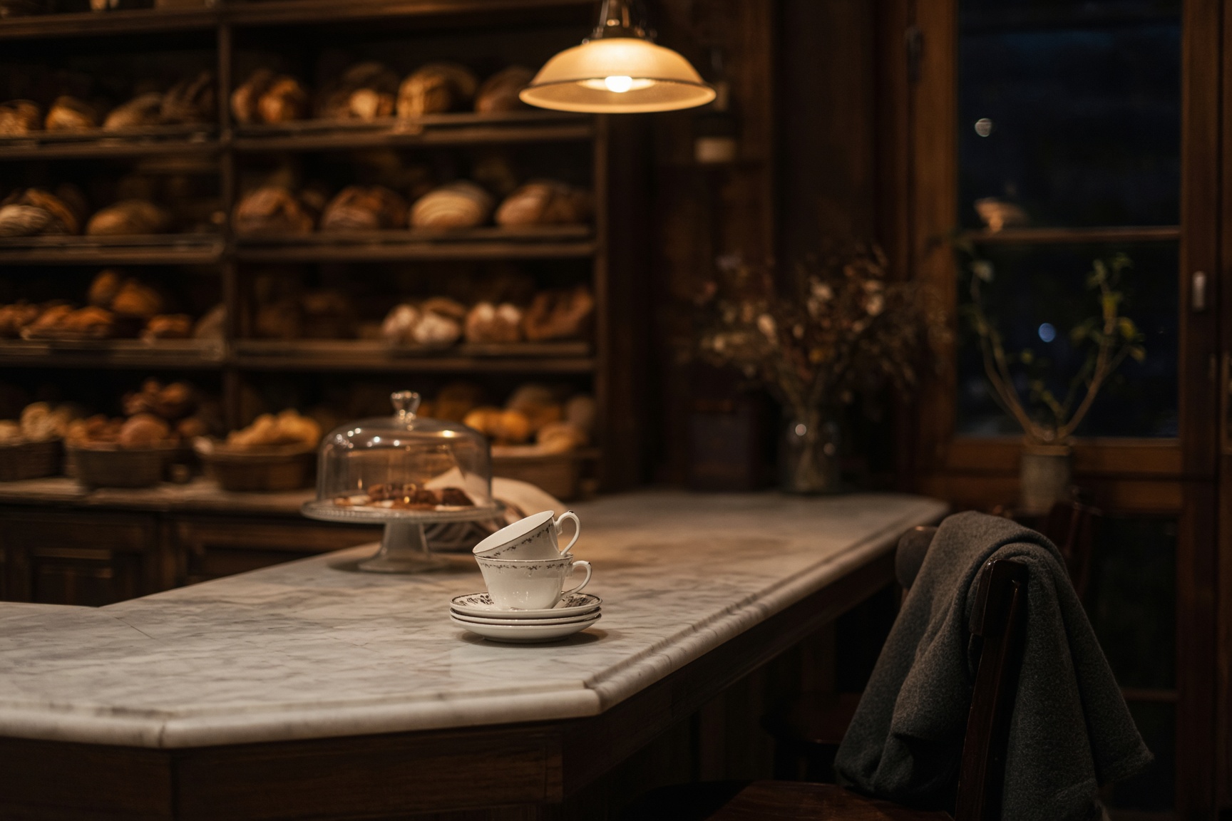 A bakery counter at night, porcelain cups and a coat on a chair