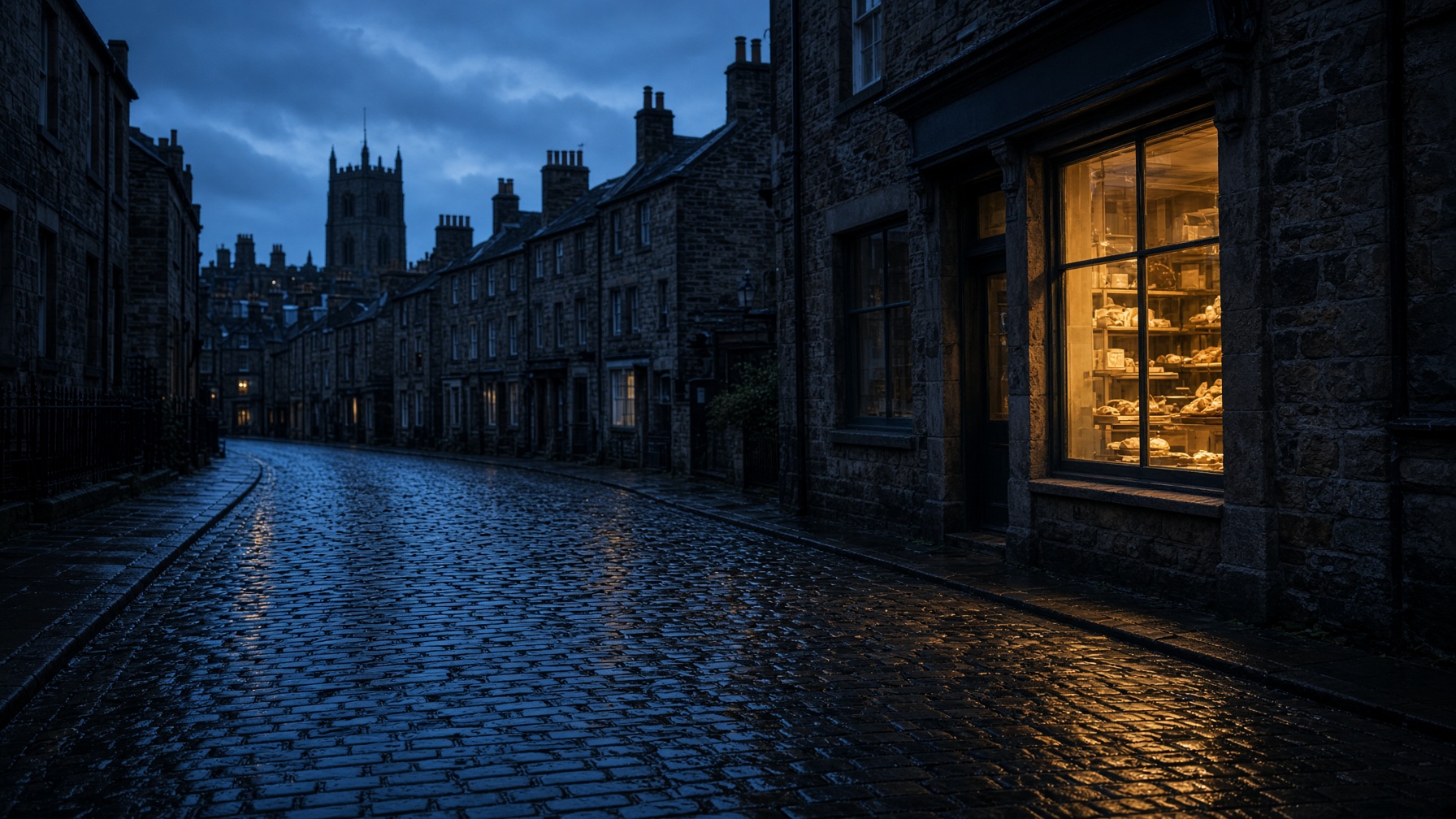A wet cobbled street at dusk, with one warm bakery window